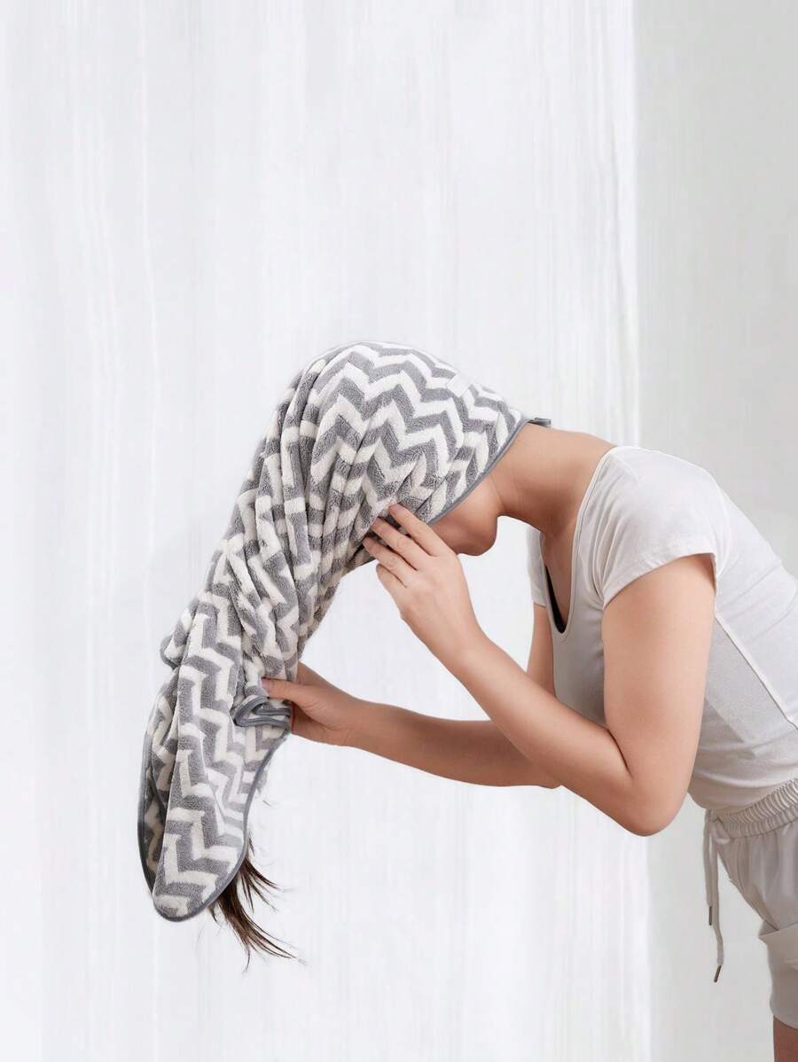 1件珊瑚绒水波纹图案干发巾/浴帽，返校季必备，适用于美容院、酒店、运动、居家、护肤等场合。 - 灰色 - 查看 1