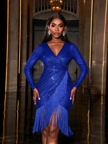 Đầm cocktail đính sequin tua rua, đầm dạ hội dài tay thanh lịch, thích hợp cho sinh nhật, đám cưới, lễ tốt nghiệp, tiệc tối, lễ hội và các dịp khác. - Xanh đậm - Xem 4