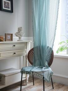 Bubaba 1pc Bohemian Farmhouse Style Grayish Blue Geometric Pattern Coin Curtain, With Grayish Blue Tassel Privacy Sheer Curtain, Suitable For Bedroom, Living Room, Kitchen, Dining Room, Office, Party, Holiday Decoration, All Season - Gray Blue - View 8