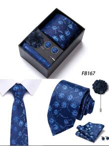 AlanKing 1 set de corbata, pañuelo de bolsillo, gemelos y broche con diseño de flor dorado para hombre, para fiestas/festivales