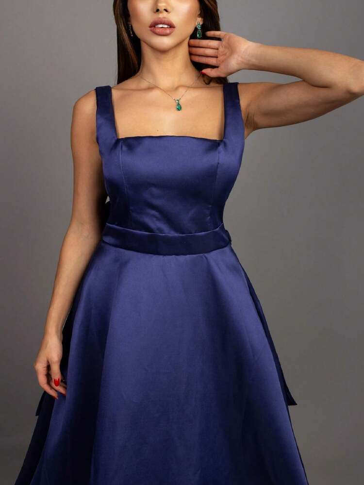 Aurora Zibeline Dress - Long Bridesmaid, Guest - Navy Blue - View 4