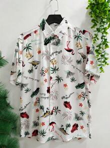 Floral Hawaiian Beach Shirt Summer Men's Short Sleeve Button Down 100% Viscose Fabric Shrinks A Little - 綠色 - 查看 1