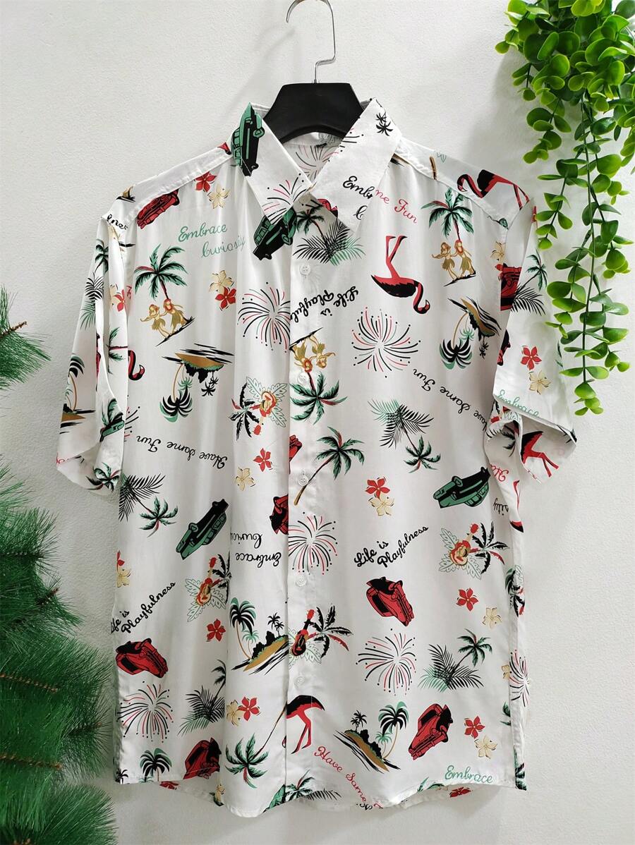 Floral Hawaiian Beach Shirt Summer Men's Short Sleeve Button Down 100% Viscose Fabric Shrinks A Little - 綠色 - 查看 1