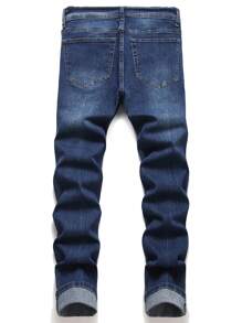 男士纯色口袋拉链弹力牛仔裤，Emo 风格 - 深色水洗藍 - 查看 2