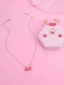 5 Stücke/Set Mädchen Blumen Halskette, Ohrringe, Armband, Ring Schmuckset - Blumen - Übersicht 11