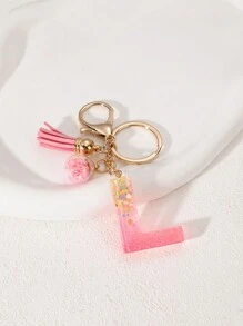 1pc Creative Letter Stone Resin Keychain With Tassel & Butterfly, Letter Pendant Keyring For Girls - Pink - View 22