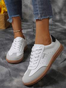 女士休闲运动鞋，白色系带运动休闲运动鞋，简约轻便舒适女士休闲鞋，时尚百搭女士健身训练鞋 - 白色 - 查看 3