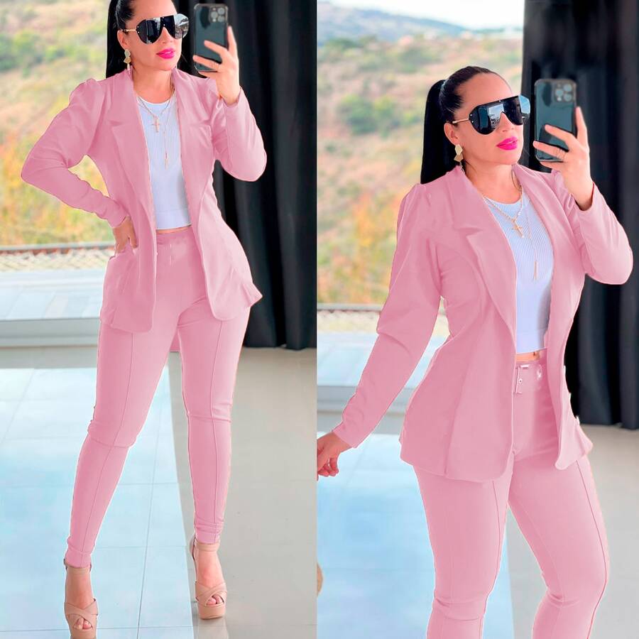 Conjunto femenino 3 piezas blazer pantalón y top - Rosa Pálido - Ver 1