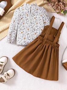 2pcs Vintage Girl Outfits: Floral Print Ruffle Collar Top And Corduroy Suspender Skirt, Fall/Winter