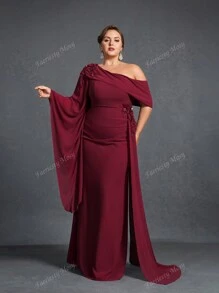 Plus-Size Evening Gown With Asymmetric Neckline, Statement Bell Sleeve & Cascading Side Silhouette - Elegant Mother-Of-The-Bride Dresses, Gala Dinner Attire, Formal Evening Wear, Red Carpet-Ready Designs, Black-Tie Event Outfits