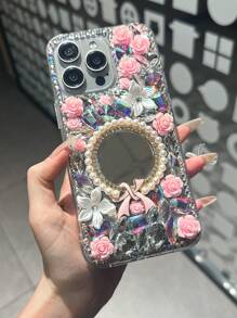 1 szt. Sheer Luxe Pearl Crown Mirror Sparkle Diamond Phone Case Round Bow Mirror Purple Pink Flower Party Phone Back Cover kompatybilny z Galaxy S23 S24 25 Ultra A15 A13 A56 A52 A53 A55 A26 A34 i kompatybilny z 15 12 13 14 16 Plus 17 Pro Max