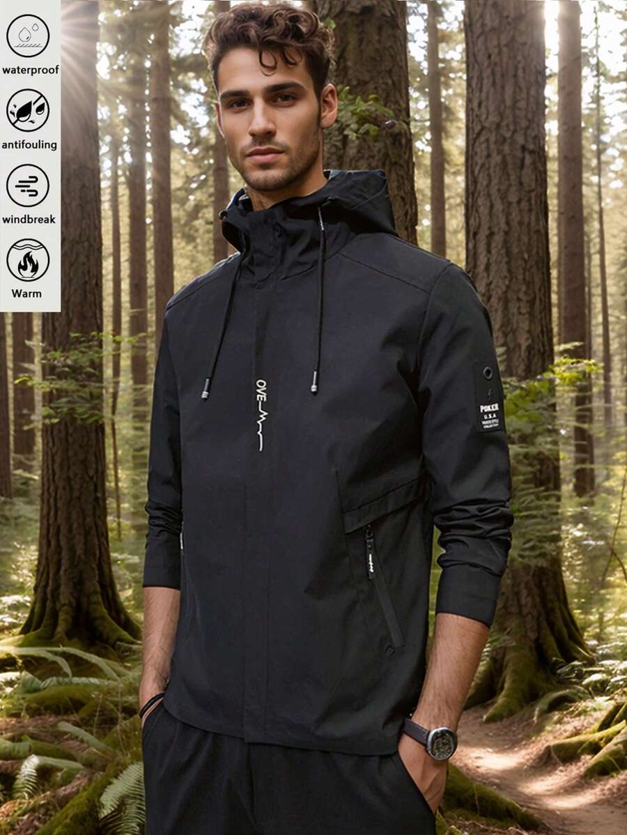 Jaqueta leve para atividades ao ar livre para homens, corta-vento fino à prova d'água de outono, casaco esportivo com capuz para caminhadas, pesca e uso casual - Preto - Ver 1