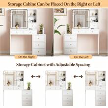 Dressing Table With Mirror And Stool, Modern Vanity Makeup Desk With Sliding Lights Mirror, 6 Drawers And Open Shelves For Bedroom - White - View 4