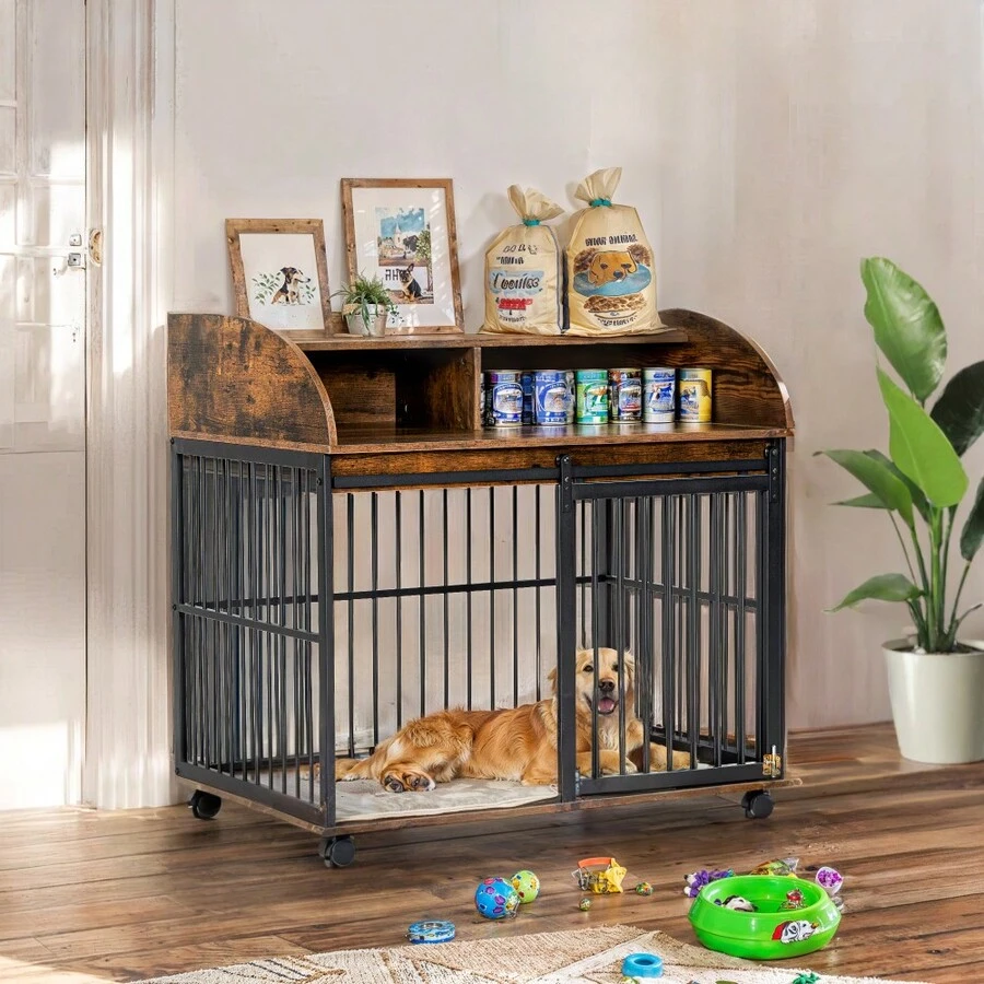 Dog Crate Furniturewith Lockable Wheels, Wooden Dog Crate Dog Kennel
