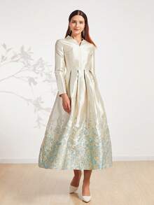 Elegant Collar Jacquard Design Formal Dress For Women,Wedding Event Dress, Long Sleeve Evening Dress, For Wedding Guest, Graduation, Dinner