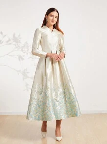 Elegant Collar Jacquard Design Formal Dress For Women,Wedding Event Dress, Long Sleeve Evening Dress, For Wedding Guest, Graduation, Dinner