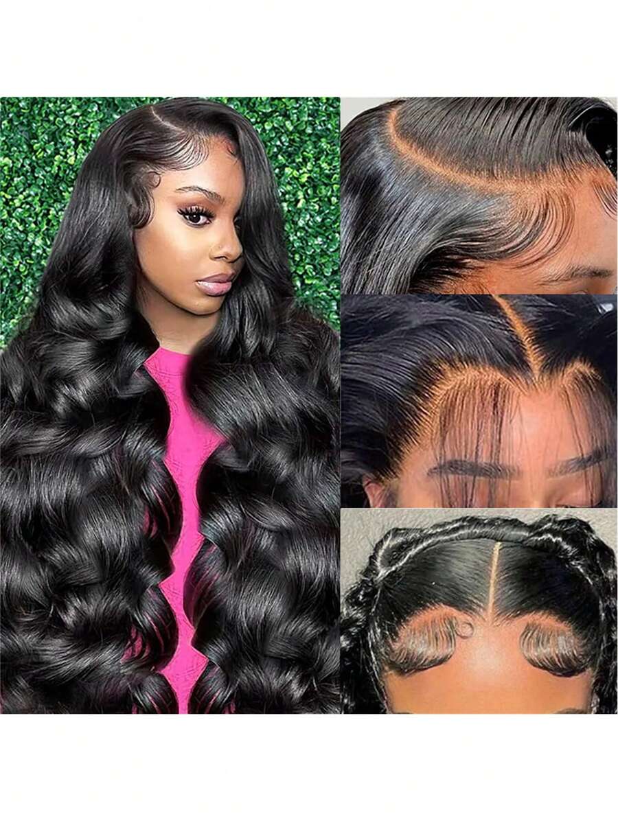 Tóc giả ren phía trước 13X6 Body Wave Tóc giả ren phía trước bằng tóc thật dành cho phụ nữ Tóc giả bằng tóc tự nhiên Tóc giả ren phía trước Body Wave trong suốt Tóc giả không keo 180 độ dày Tóc giả không keo nhổ sẵn Tóc em bé - màu đen - Xem 1