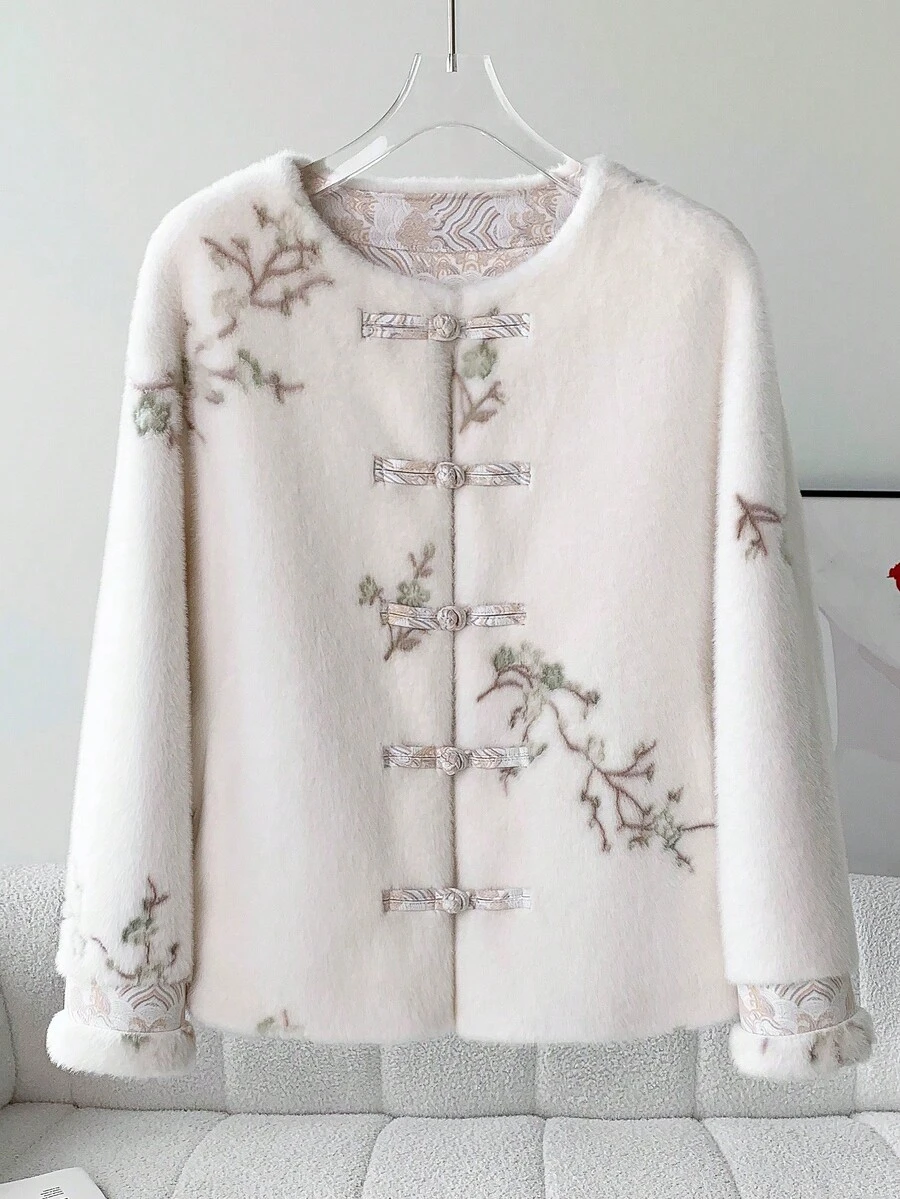 Snowflake Button Tang Suit Top Long Sleeve - Women Round Neck New Chinese Style Coat Simple, Suitable For Autumn And Winter - Fashionable, Comfortable And Versatile Women Coat With Pockets