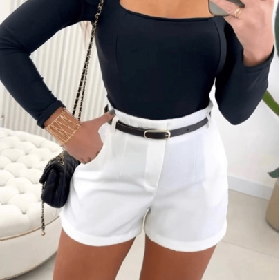 Short Feminino Alfaiataria Com Bolso Cintura Alta