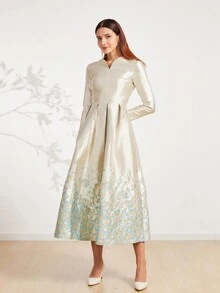 Elegant Collar Jacquard Design Formal Dress For Women,Wedding Event Dress, Long Sleeve Evening Dress, For Wedding Guest, Graduation, Dinner