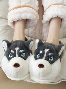 女士保暖拖鞋，秋冬新款情侣拖鞋，厚底室内家居可爱西伯利亚哈士奇毛绒毛茸保暖拖鞋，男女皆宜，送给男朋友、女朋友、家人的绝佳礼物 - 深灰色 - 查看 1