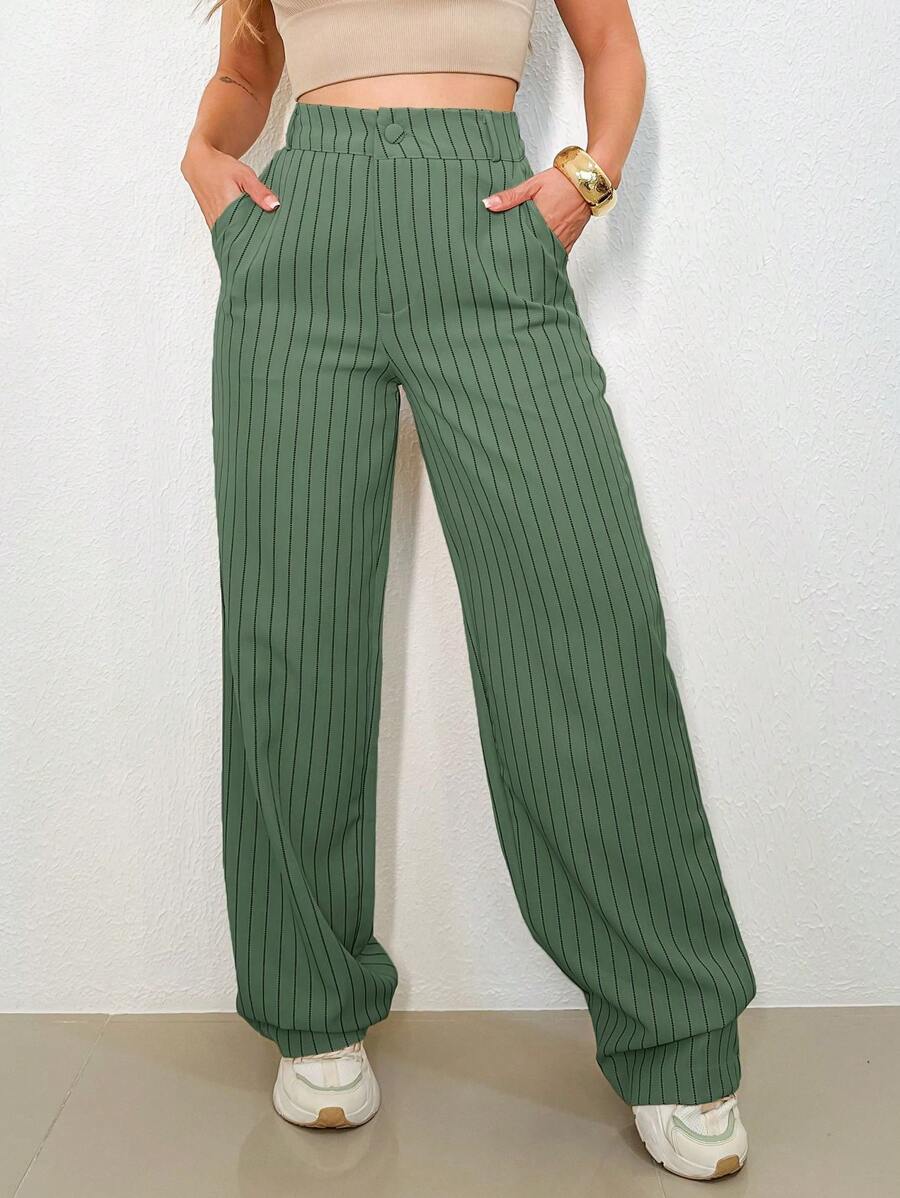 Women's High Waisted Pants, Striped, Light, Casual, Formal, Modern, Elegant, National Shipping Refresh Your Summer, SHE(IN) Discounts, ADD MODA FEMININA EIRELI - 綠色 - 查看 1
