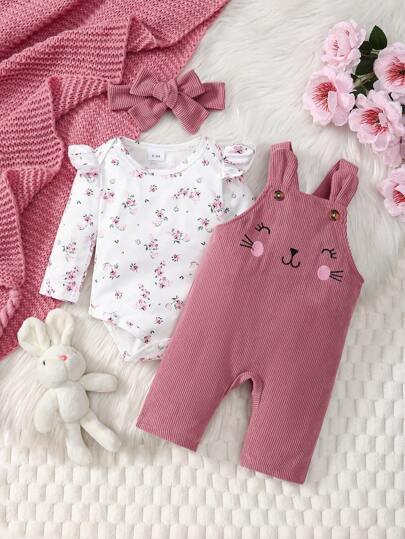 3 Stücke Baby-Set für Mädchen: Langarm-Romper mit Blumenmuster, Rüschenkragen, Latz-Jumpsuit mit Kätzchen-Stickerei, Stirnband
