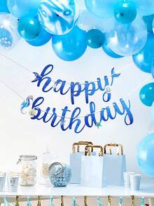海洋主题美人鱼风格生日快乐横幅，闪光蓝/玫瑰红/银色/激光拉旗，适用于生日派对装饰，个性化派对墙壁背景用品 - 彩色 - 查看 3