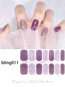 玫瑰粉色闪粉全覆盖美甲贴纸，光泽亮丽，易于DIY，持久耐用，适合派对和日常美甲佩戴。美甲用品 - 紫色 - 查看 3