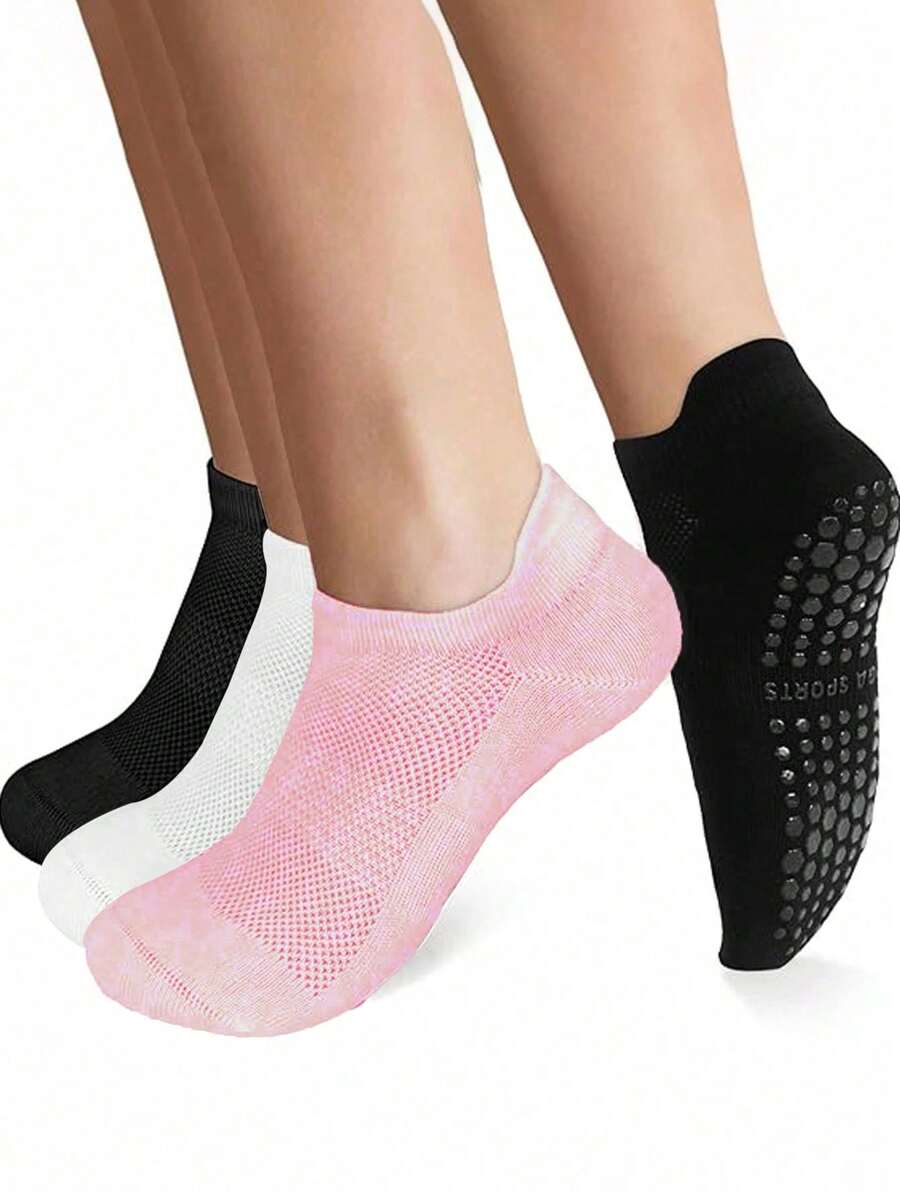 3 双女士瑜伽袜，防滑，适合所有季节，短款普拉提舞蹈健身袜，黑色、白色、粉色，健身房，秋季 - 彩色 - 查看 1