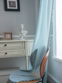 Bubaba 1pc Bohemian Farmhouse Style Grayish Blue Geometric Pattern Coin Curtain, With Grayish Blue Tassel Privacy Sheer Curtain, Suitable For Bedroom, Living Room, Kitchen, Dining Room, Office, Party, Holiday Decoration, All Season - Gray Blue - View 1