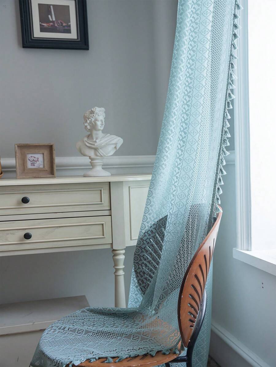 Bubaba 1pc Bohemian Farmhouse Style Grayish Blue Geometric Pattern Coin Curtain, With Grayish Blue Tassel Privacy Sheer Curtain, Suitable For Bedroom, Living Room, Kitchen, Dining Room, Office, Party, Holiday Decoration, All Season - Gray Blue - View 1