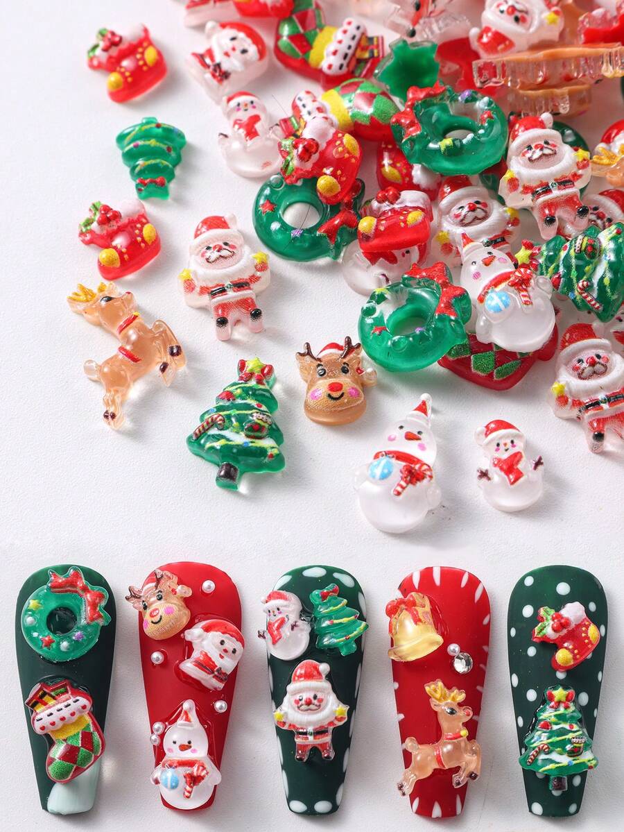 1 件装可爱圣诞老人雪人麋鹿卡通圣诞节 3D 浮雕指甲装饰圣诞袜树花环铃铛冬季节日指甲饰物 DIY 指甲用品 ABS 指甲宝石 - 彩色 - 查看 1