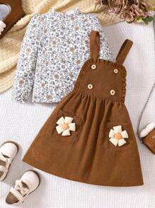 2pcs Vintage Girl Outfits: Floral Print Ruffle Collar Top And Corduroy Suspender Skirt, Fall/Winter