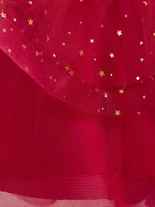 女童无袖圆领亮片蝴蝶结薄纱拖尾蓬蓬裙，优雅大方，适合婚礼和派对穿着，不含头饰 - 酒紅色 - 查看 8