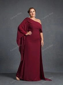 Plus-Size Evening Gown With Asymmetric Neckline, Statement Bell Sleeve & Cascading Side Silhouette - Elegant Mother-Of-The-Bride Dresses, Gala Dinner Attire, Formal Evening Wear, Red Carpet-Ready Designs, Black-Tie Event Outfits