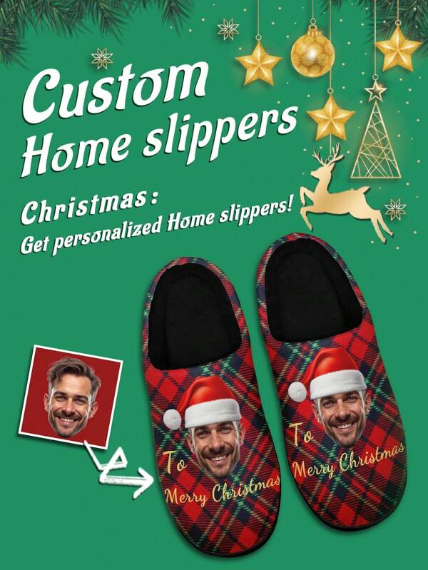 1 Pair Christmas Custom Home Slippers, Personalized Santa Photo Home Slippers, Custom Christmas Hat Thick Sole Home Slippers, Personalized Home Slippers, Photo Home Slippers, Personalized Home Slippers For Women And Men, Personalized Home Slippers, Halloween Gift, Funny Gift ﻿