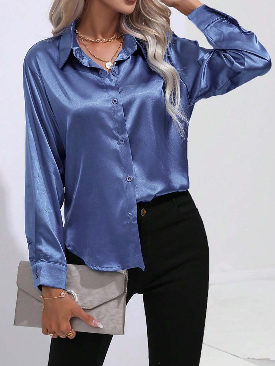 Women's Fashion Casual Collared Button Faux Silk Satin Poplin Long Sleeve Blouse - Blue - View 1
