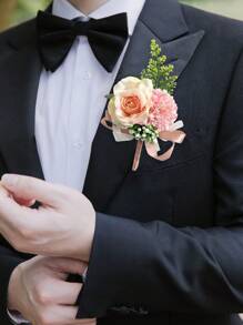 1PC Men's Boutonniere Handmade Satin Rose Corsage Flower Bridegroom Boutonniere Wedding Prim Party Homecoming. Valentine's Day Accessories - Multicolor - View 5