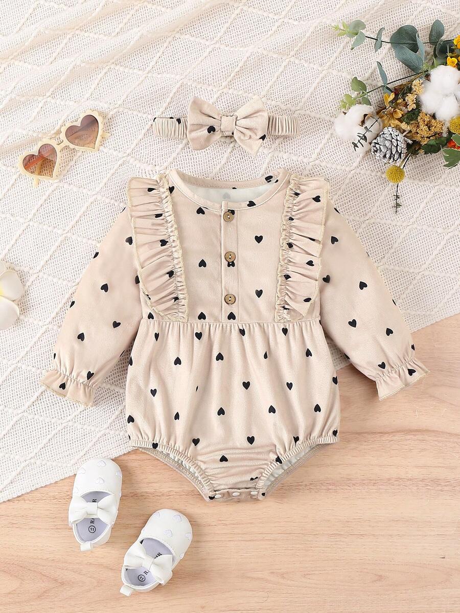 Bộ đồ liền thân vải nhung kẻ in hình trái tim cho bé gái, có khóa bấm ở đáy quần kèm băng đô - Màu Khaki - Xem 1