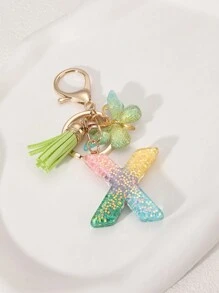 1pc Creative Letter Resin Drop Keychain With Butterfly Tassel Pendant For Girls - Multicolor - View 15