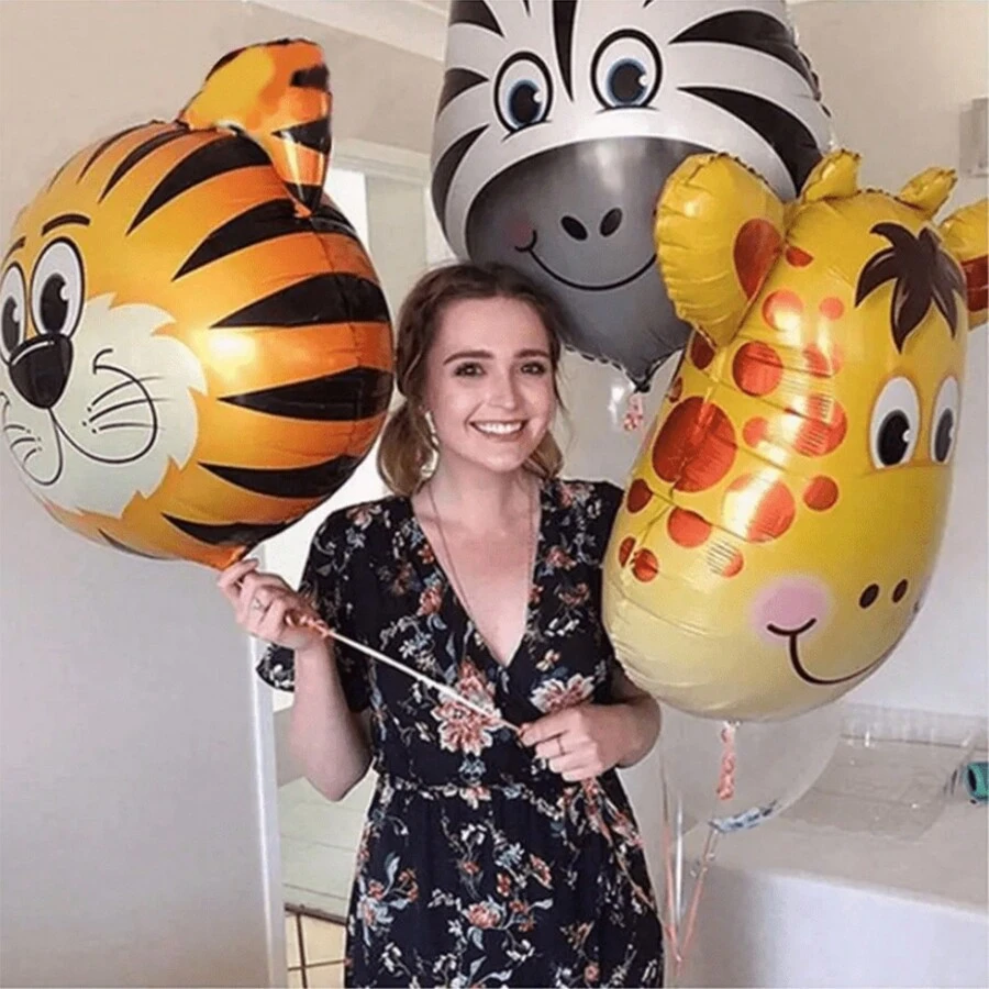 1 pieza Globos con diseño de cabeza de animal de dibujos animados - León, Buey, Mono, Tigre, Cebra, Jirafa, Globos decorativos temáticos de animales de la selva para fiestas, cumpleaños y celebraciones - Multicolor - Ver 1
