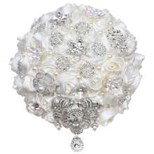 1 Bouquet Luxury Ivory Silver Crystal Rhinestone Artificial Rose Satin Ribbon Eternal Flower Ball, Bridal Bridesmaid Wedding Bouquet. Delicate Crystal Pearl Decor Everlasting Flower Bouquet For Church Wedding, Party, Anniversary, Spring