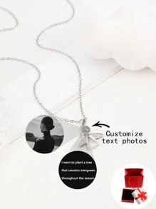 Customized Necklace Christmas Gift Little Angel Pendant Necklace 100 Languages I Love You Projection Necklace Customizable Movie-Like Black And White Photo Engraved Necklace For Family, Couple, Pet, Mantra, Gift For Girlfriend, Mom, Best Friend, Daily Wear