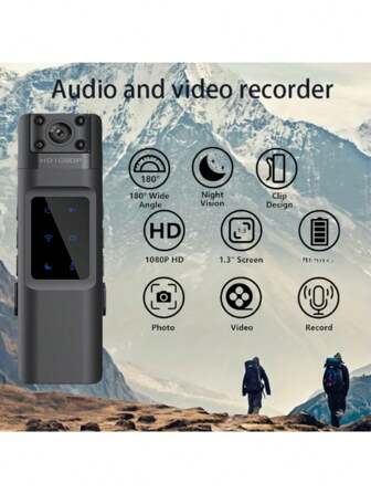 数码摄像机记录器，180°广角，1080P高清视频，夜视，可充电锂电池，USB电源，适用于室内、户外、运动、极限活动