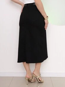 Midi Skirt In Cotton Twill With Elastane, Slit Detail On The Leg, Model With Belt - màu đen - Xem 4