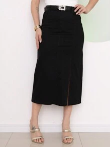 Midi Skirt In Cotton Twill With Elastane, Slit Detail On The Leg, Model With Belt - màu đen - Xem 3