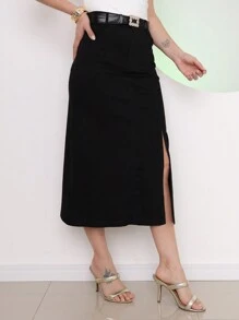 Midi Skirt In Cotton Twill With Elastane, Slit Detail On The Leg, Model With Belt - màu đen - Xem 2