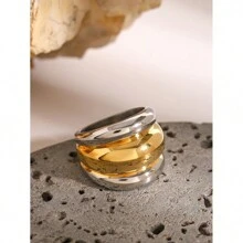 Uworld 1 件 18k 镀金不锈钢金色和银色拼色三层凸起罗纹拼色戒指女士时尚高品质珠宝