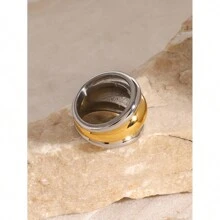 Uworld 1 件 18k 镀金不锈钢金色和银色拼色三层凸起罗纹拼色戒指女士时尚高品质珠宝